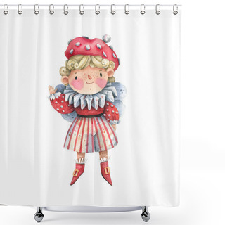Personality  Cute Boy In Fly Agaric Dress Watercolor Cartoon Illustration Isolated On White Background. Fairy Tale Character, Fairy, Elf, Amanita. Shower Curtains