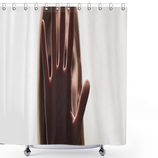 Personality  Panoramic Shot Of Victim Of Bullying Showing Stop Sign Isolated On White Shower Curtains