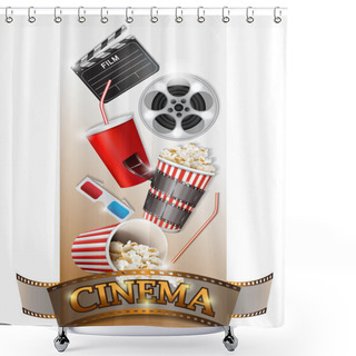 Personality  Cinema Concept Poster With Popcorn Bowl, Film Strip And Tickets, Shower Curtains