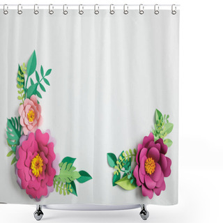 Personality  Top View Of Pink Paper Flowers And Green Plants With Leaves On Grey Background Shower Curtains