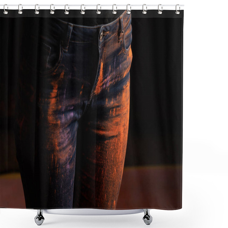 Personality  Cropped View Of Woman With Orange Colorful Holi Paint Powder On Jeans On Black Background Shower Curtains