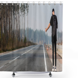 Personality  Panoramic Shot Of Man Hitchhiking On Road Near Green Trees  Shower Curtains