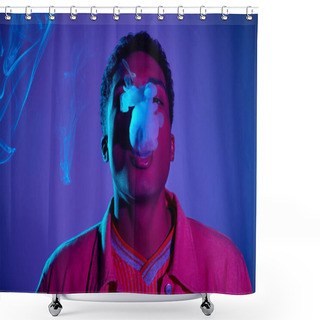 Personality  Stylish African American Guy Exhaling Smoke Against Blue Background With Purple Lighting, Gen Z Shower Curtains