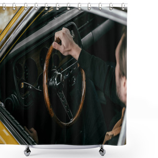 Personality  High Angle View Of Man Holding Steering Wheel Of Old-fashioned Automobile Shower Curtains