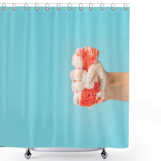 Personality  Cropped View Of Hand Holding Washing Sponge With Foam, Isolated On Blue Shower Curtains