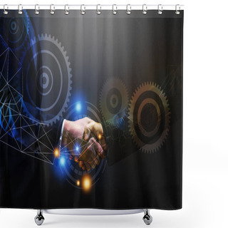 Personality  Close Up Business Man Shake Hand  With Customer, Connection Technology In Dark Tone On Black Background  Shower Curtains