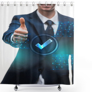 Personality  Selective Focus Of Happy Businessman In Suit Showing Thumb Up Near Check Mark On White  Shower Curtains
