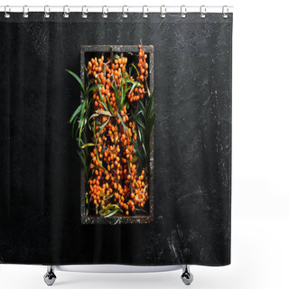 Personality  Fresh Sea Buckthorn Berries On A Twig. Top View. Free Space For Your Text. Shower Curtains