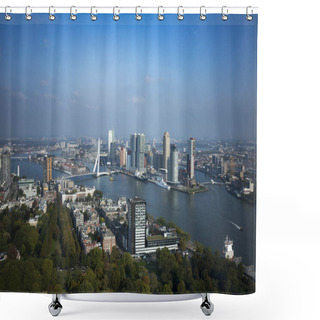 Personality  Rotterdam, The Netherlands - September 26, 2017:  Skyline With Skyscrapers With City Park In The Foreground And Financial District And City Centre Including The Famous Erasmus Bridge Shower Curtains