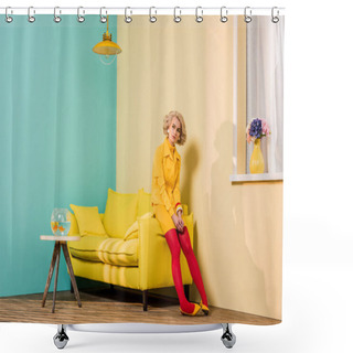 Personality  Pensive Young Woman In Retro Clothing Sitting On Yellow Sofa At Colorful Apartment, Doll House Concept Shower Curtains