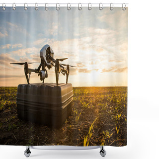 Personality  Quadrocopter Drone With Remote Control. Dark Silhouette Against Colorfull Sunset. Shower Curtains