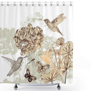 Personality  Floral Background With Flowers, Birds And Butterflies Shower Curtains