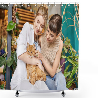Personality  Two Women, A Loving Lesbian Couple, Sit Peacefully On A Porch With A Cat, Surrounded By Artistic Decor. Shower Curtains