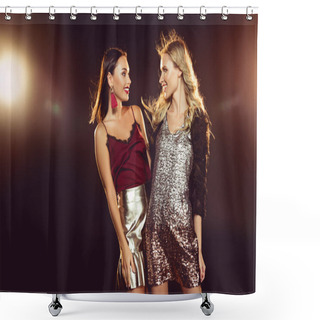 Personality  Cheerful Beautiful Women In Glamour Dresses Looking At Each Other On Black With Backlit  Shower Curtains
