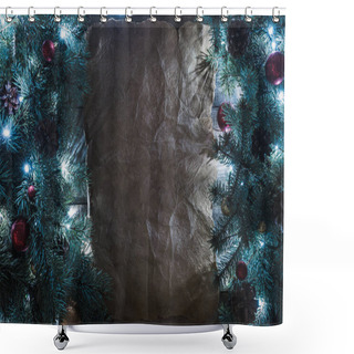 Personality  Top View Of Blank Parchment And Illuminated Christmas Tree Branches With Garland, Baubles And Pine Cones Shower Curtains