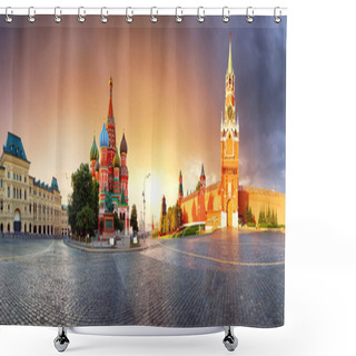 Personality  Panorama In Moscow At Sunrise, Red Square With Saint Basil In Ru Shower Curtains