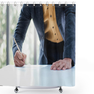 Personality  Young Businessman Working On The Table In Office By Glass Window. Cropped Image, Closeup Shot  Shower Curtains