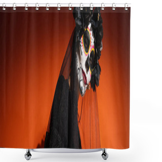 Personality  Woman In Creepy Black Costume And Santa Muerte Makeup Posing On Red Background, Banner  Shower Curtains