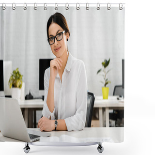 Personality  Portrait Of Smiling Businesswoman In Eyeglasses At Workplace With Laptop In Office Shower Curtains
