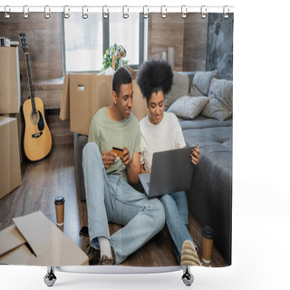 Personality  African American Man Holding Credit Card Near Girlfriend With Laptop And Boxes In New House Shower Curtains