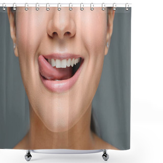 Personality  Partial View Of Smiling Woman With White Teeth Sticking Tongue Out Isolated On Grey Shower Curtains