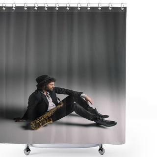 Personality  Handsome Musician Sitting On Floor With Saxophone Shower Curtains