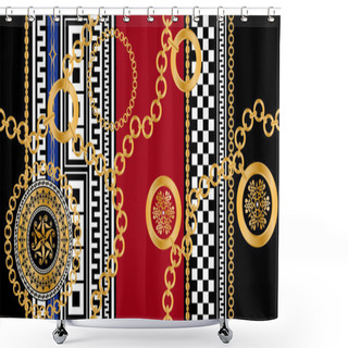 Personality  Seamless Pattern Decorated With Precious Stones, Gold Chains And Pearls. Shower Curtains