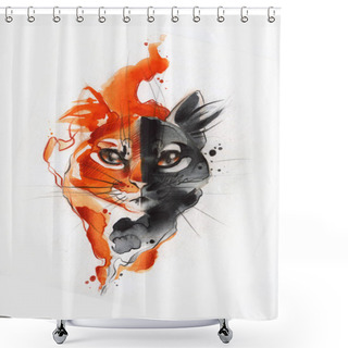 Personality  Cat Is Drawn In Pencil,brush And Watercolor Shower Curtains