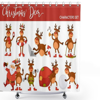 Personality  Christmas Deer Cartoon Character Icons On White Background Shower Curtains