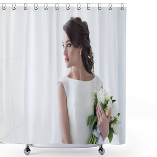 Personality  Beautiful Bride Holding Wedding Bouquet And Looking At Window Shower Curtains