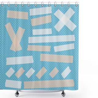 Personality  Brown And White Different Size Adhesive, Sticky, Scotch Tape, Paper Pieces On Blue Squared Background. Shower Curtains