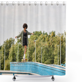 Personality  A Young African American Woman With Curly Hair Skillfully Skateboarding On The Edge Of A Pool In An Outdoor Skate Park. Shower Curtains