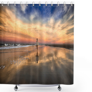 Personality  Young Woman Walking On The Beach Near The Ocean And Walking Away At The Sunset Shower Curtains