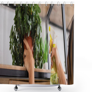 Personality  Cropped View Of African American Florist Spraying Green Potted Plant With Water, Banner Shower Curtains