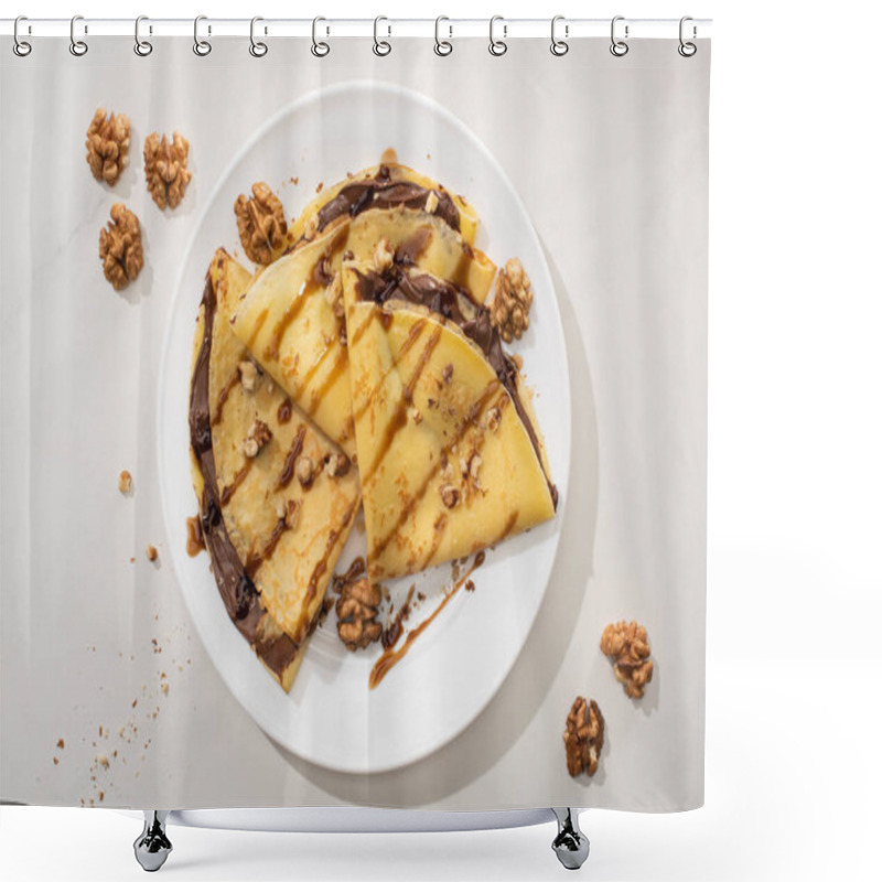 Personality  Top View Of Tasty Crepes With Chocolate Spread And Walnuts On Plate On Grey Background Shower Curtains