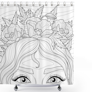 Personality  Girl In A Wreath With Poppies. Coloring Book Antistress For Children And Adults. Illustration Isolated On White Background. Zen-tangle Style. Hand Draw Shower Curtains