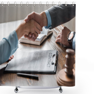 Personality  Cropped Shot Of Lawyer And Client Shaking Hands Above Contract Shower Curtains