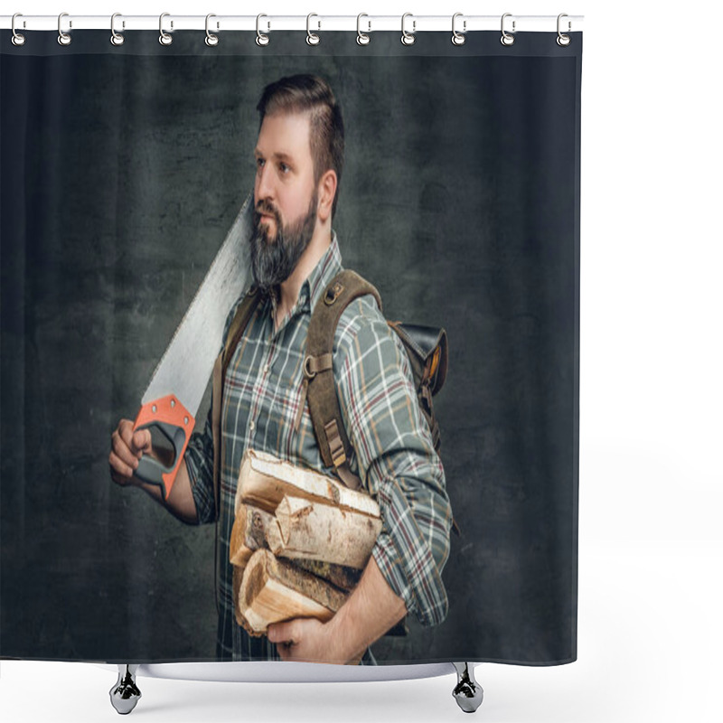 Personality  Bearded Hunter Holds Headsaw Shower Curtains