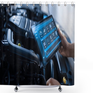 Personality  Car Service Manager Or Mechanic Uses A Tablet Computer With A Futuristic Interactive Diagnostics Software. Specialist Inspecting The Vehicle In Order To Find Broken Components In The Engine Bay. Shower Curtains