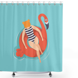 Personality  Young Beautiful Woman Floating On Inflatable Ring In The Shape Of Flamingo In Swimming Pool, Top View Vector Illustration Shower Curtains