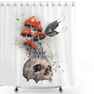 Personality  Human Skull With Poisonous Fly Agaric. Amanita Red Mushroom, Symbol Of Death. Black Butterfly. Red And Black Watercolor Illustration. Halloween Poster, Wall Art Print Shower Curtains