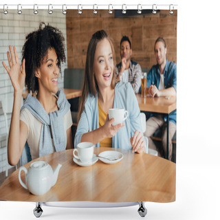 Personality  Young Women Having Tea In Cafe Shower Curtains