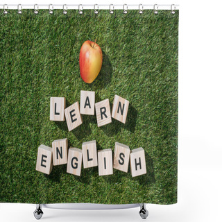 Personality  Top View Of Fresh Apple And Learn English Inscription Made Of Wooden Blocks On Green Grass Shower Curtains