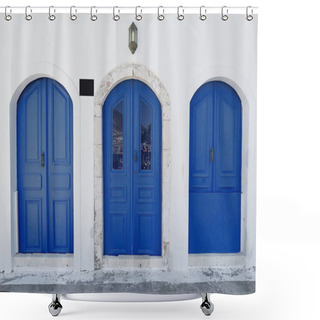 Personality  Three Blue Wooden Doors On The Whitewashed Wall Of A Restored Neoclassical House Facing The Waterfront Of The Main Harbor In The Center Of Town Area. Kastellorizo Island-Dodecanese-Rhodes Reg.-Greece. Shower Curtains