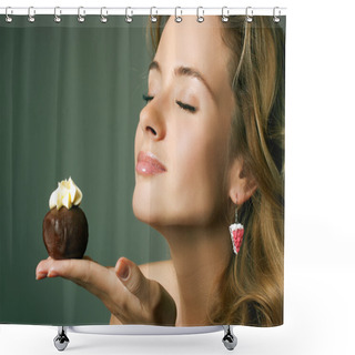 Personality  Young Blonde Woman Eating The Cake Shower Curtains