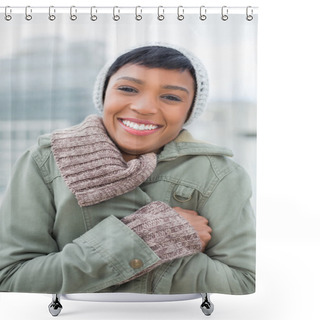 Personality  Delighted Young Model In Winter Clothes Closing Her Jacket Shower Curtains