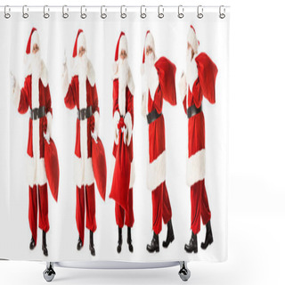 Personality  Collage Of Santa Claus With Sack In Various Poses Isolated On White Shower Curtains