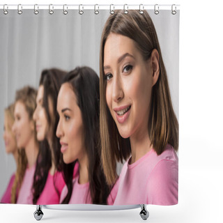 Personality  Selective Focus Of Attractive Blonde Girl Looking At Camera Near Beautiful Young Women Isolated On Grey Shower Curtains