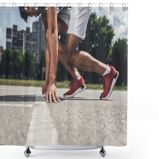Personality  Partial View Of Male Sprinter In Starting Position On Running Track  Shower Curtains