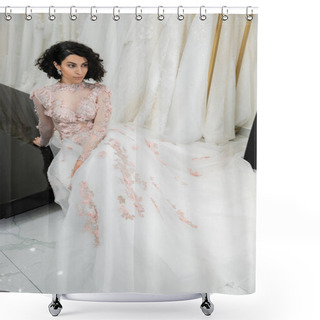 Personality  Brunette Middle Eastern Woman With Wavy Hair Sitting In Gorgeous And Floral Wedding Dress With Train Near Blurred And White Dresses Inside Of Luxurious Bridal Salon, Bride-to-be Shower Curtains